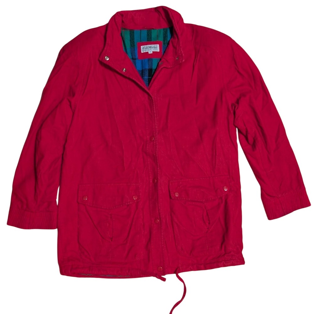 Vintage 90s CoatWorks Red Corduroy Barn Coat Chore Jacket Plaid Lined Medium